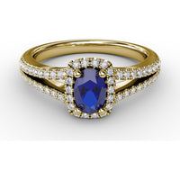 Split Shank Engagement Ring with Oval Sapphire and Diamond Halo by Fana - 0.95 Carat Total Gemstone Weight