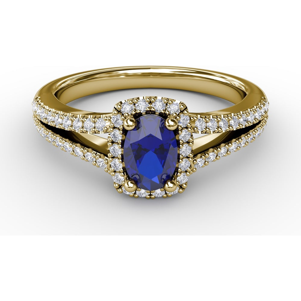 Split Shank Engagement Ring with Oval Sapphire and Diamond Halo by Fana - 0.95 Carat Total Gemstone Weight