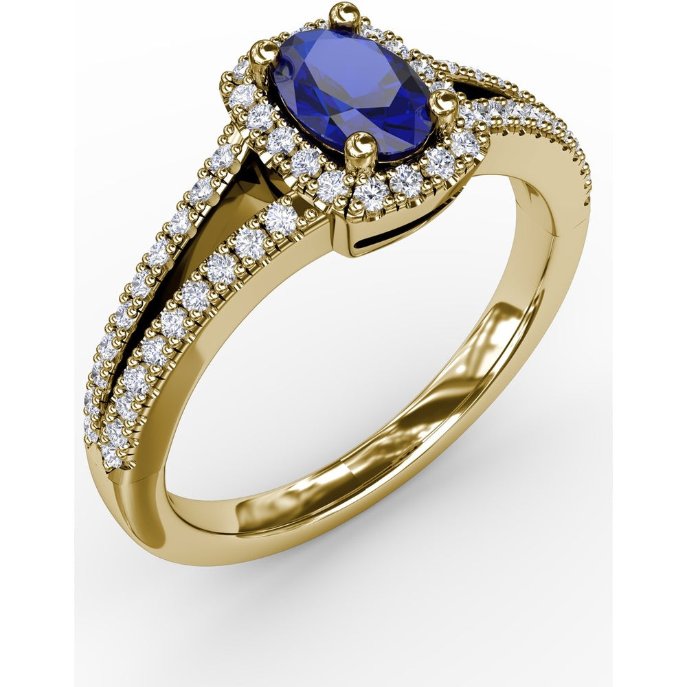 Split Shank Engagement Ring with Oval Sapphire and Diamond Halo by Fana - 0.95 Carat Total Gemstone Weight