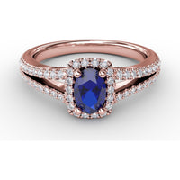 Split Shank Engagement Ring with Oval Sapphire and Diamond Halo by Fana - 0.95 Carat Total Gemstone Weight