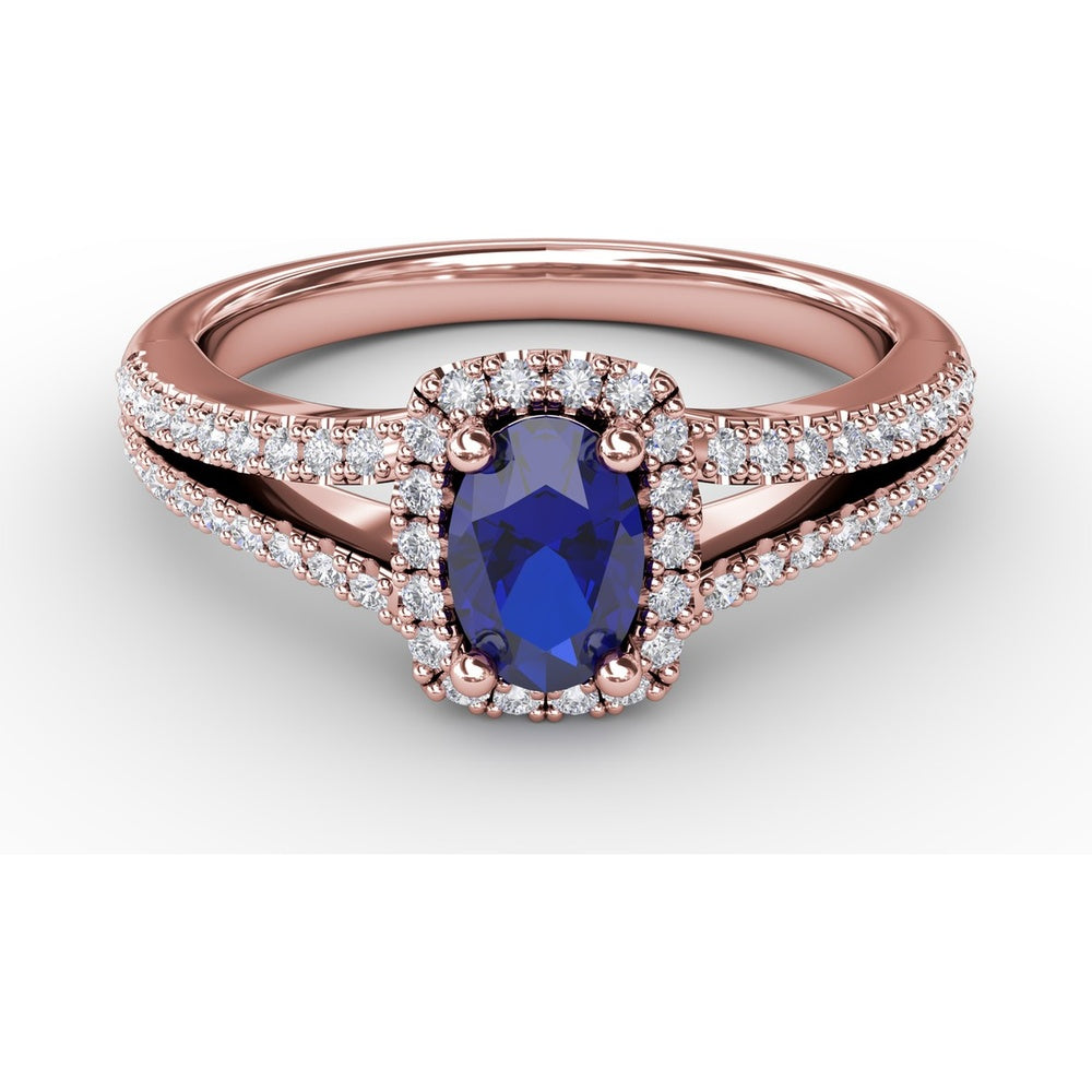 Split Shank Engagement Ring with Oval Sapphire and Diamond Halo by Fana - 0.95 Carat Total Gemstone Weight