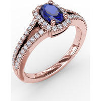Split Shank Engagement Ring with Oval Sapphire and Diamond Halo by Fana - 0.95 Carat Total Gemstone Weight