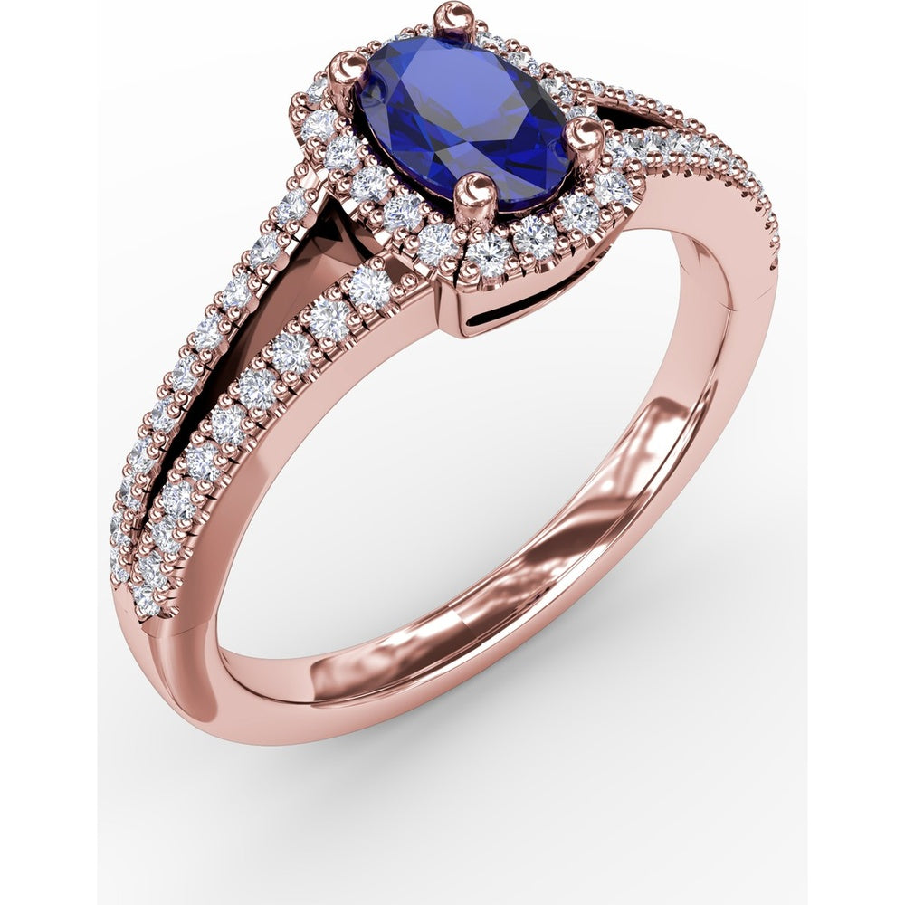 Split Shank Engagement Ring with Oval Sapphire and Diamond Halo by Fana - 0.95 Carat Total Gemstone Weight