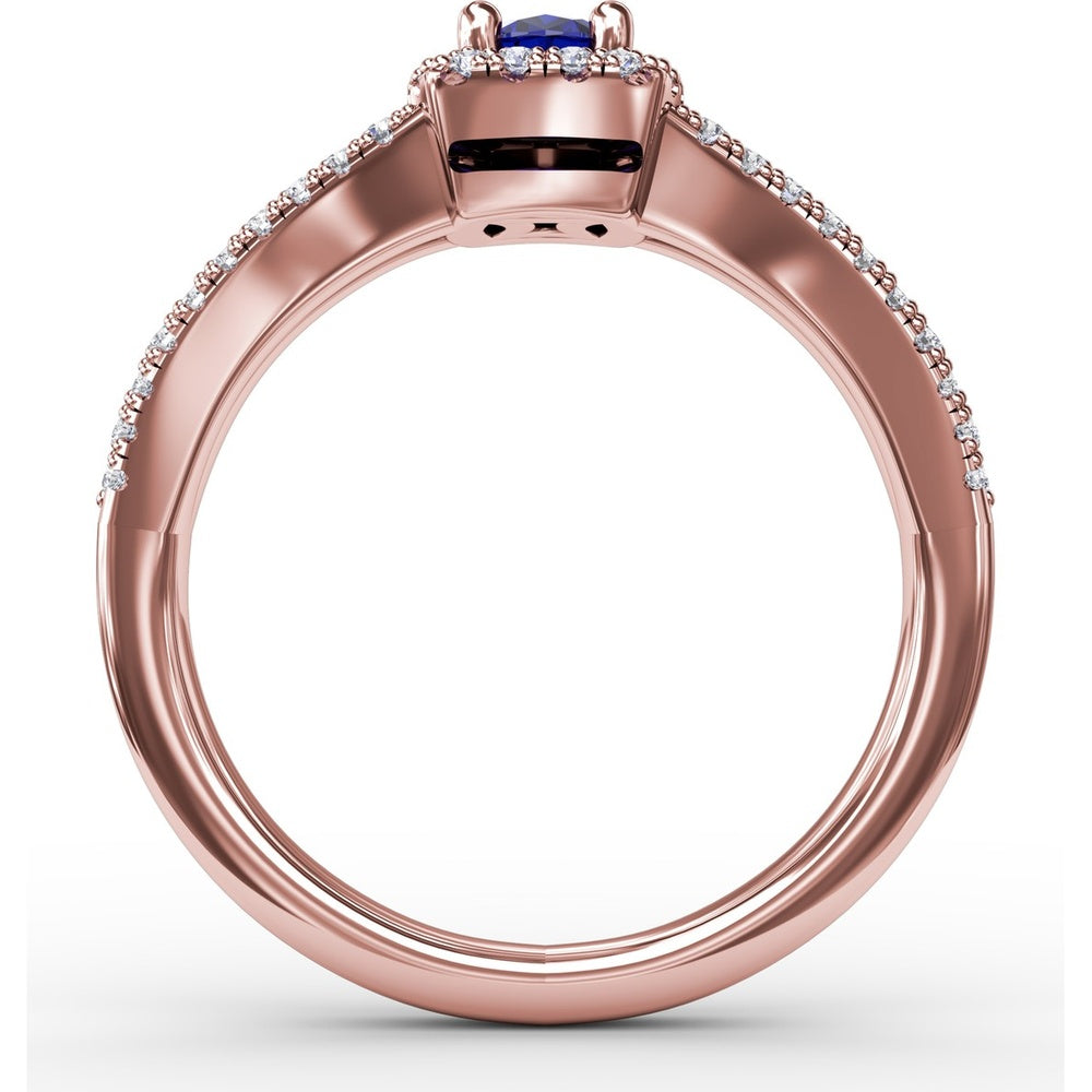 Split Shank Engagement Ring with Oval Sapphire and Diamond Halo by Fana - 0.95 Carat Total Gemstone Weight