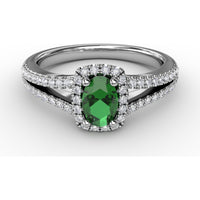 Split Shank Halo Ring with Oval Emerald and Pavé Diamonds by Fana - 0.77 Carat Total Gemstone Weight