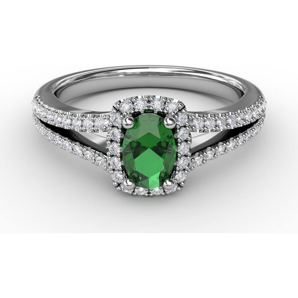 Split Shank Halo Ring with Oval Emerald and Pavé Diamonds by Fana - 0.77 Carat Total Gemstone Weight