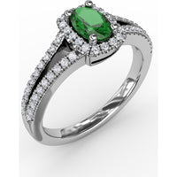 Split Shank Halo Ring with Oval Emerald and Pavé Diamonds by Fana - 0.77 Carat Total Gemstone Weight
