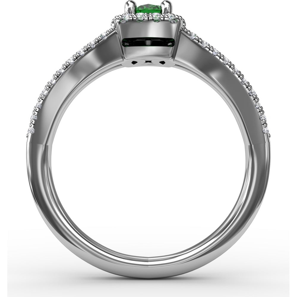 Split Shank Halo Ring with Oval Emerald and Pavé Diamonds by Fana - 0.77 Carat Total Gemstone Weight