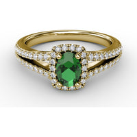 Split Shank Halo Ring with Oval Emerald and Pavé Diamonds by Fana - 0.77 Carat Total Gemstone Weight