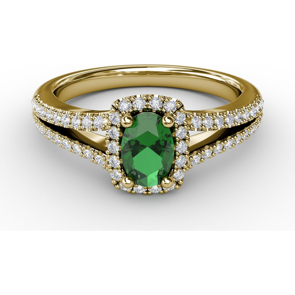 Split Shank Halo Ring with Oval Emerald and Pavé Diamonds by Fana - 0.77 Carat Total Gemstone Weight