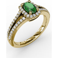 Split Shank Halo Ring with Oval Emerald and Pavé Diamonds by Fana - 0.77 Carat Total Gemstone Weight