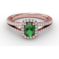 Split Shank Halo Ring with Oval Emerald and Pavé Diamonds by Fana - 0.77 Carat Total Gemstone Weight