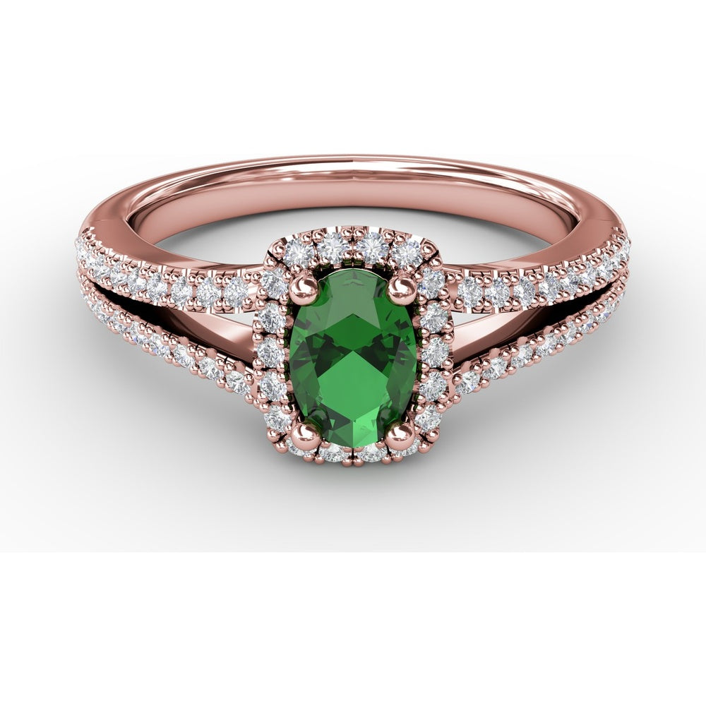 Split Shank Halo Ring with Oval Emerald and Pavé Diamonds by Fana - 0.77 Carat Total Gemstone Weight