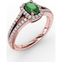Split Shank Halo Ring with Oval Emerald and Pavé Diamonds by Fana - 0.77 Carat Total Gemstone Weight