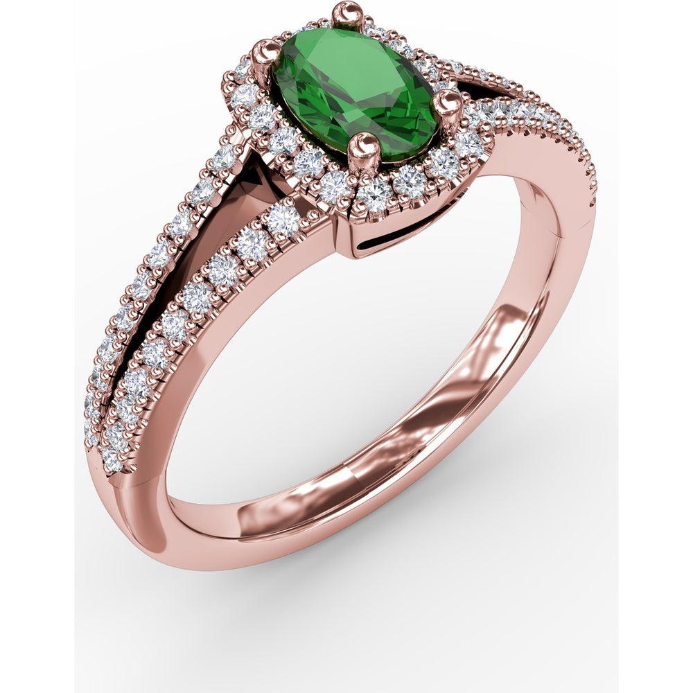 Split Shank Halo Ring with Oval Emerald and Pavé Diamonds by Fana - 0.77 Carat Total Gemstone Weight