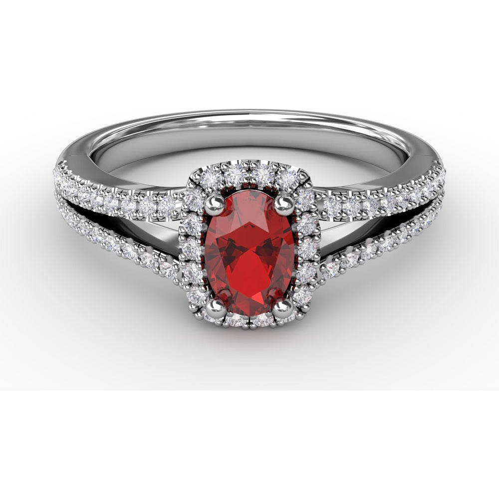 Split Shank Halo Ring with Oval Ruby and Pavé Set Round Diamonds by Fana - 0.95 Carat Total Gemstone Weight