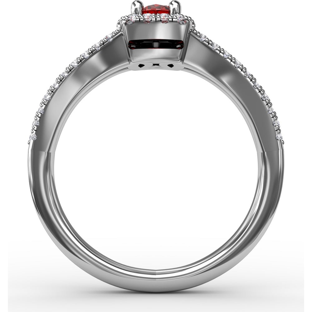 Split Shank Halo Ring with Oval Ruby and Pavé Set Round Diamonds by Fana - 0.95 Carat Total Gemstone Weight