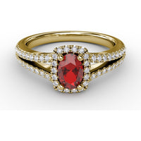 Split Shank Halo Ring with Oval Ruby and Pavé Set Round Diamonds by Fana - 0.95 Carat Total Gemstone Weight