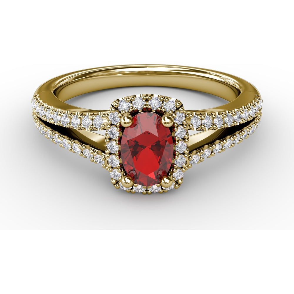 Split Shank Halo Ring with Oval Ruby and Pavé Set Round Diamonds by Fana - 0.95 Carat Total Gemstone Weight