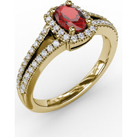 Split Shank Halo Ring with Oval Ruby and Pavé Set Round Diamonds by Fana - 0.95 Carat Total Gemstone Weight