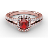 Split Shank Halo Ring with Oval Ruby and Pavé Set Round Diamonds by Fana - 0.95 Carat Total Gemstone Weight