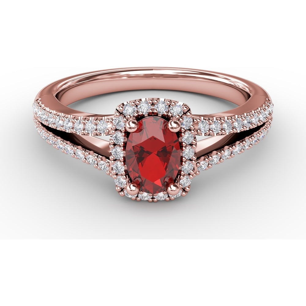 Split Shank Halo Ring with Oval Ruby and Pavé Set Round Diamonds by Fana - 0.95 Carat Total Gemstone Weight