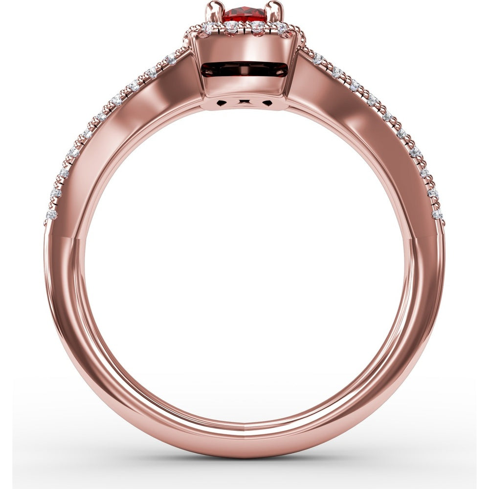 Split Shank Halo Ring with Oval Ruby and Pavé Set Round Diamonds by Fana - 0.95 Carat Total Gemstone Weight