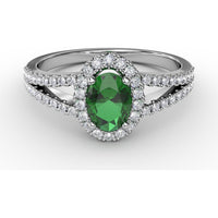 Split Shank Oval Emerald Ring with Diamond Halo by Fana - 0.78 Carat Total Emerald Weight
