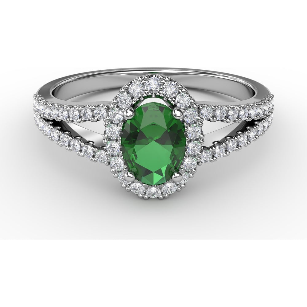 Split Shank Oval Emerald Ring with Diamond Halo by Fana - 0.78 Carat Total Emerald Weight