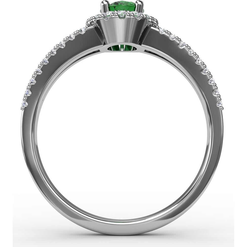 Split Shank Oval Emerald Ring with Diamond Halo by Fana - 0.78 Carat Total Emerald Weight
