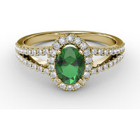 Split Shank Oval Emerald Ring with Diamond Halo by Fana - 0.78 Carat Total Emerald Weight