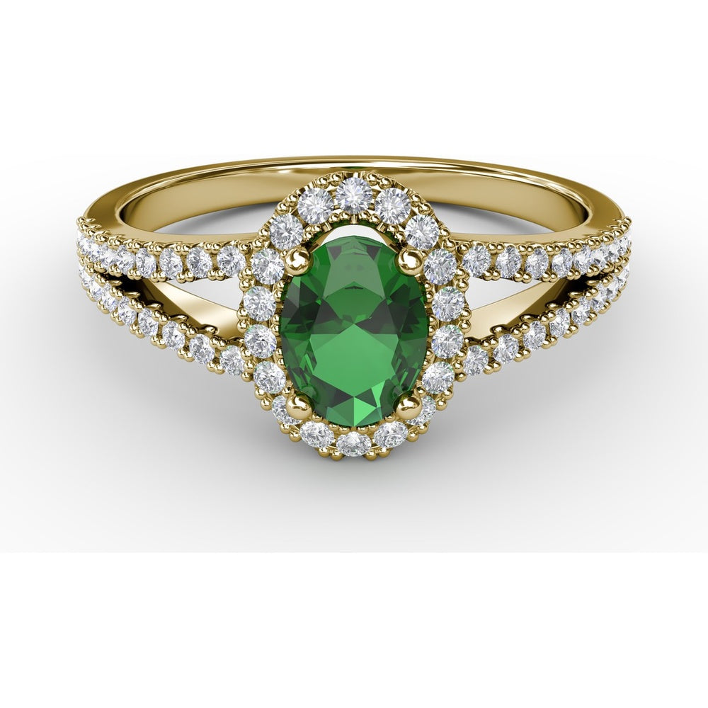 Split Shank Oval Emerald Ring with Diamond Halo by Fana - 0.78 Carat Total Emerald Weight