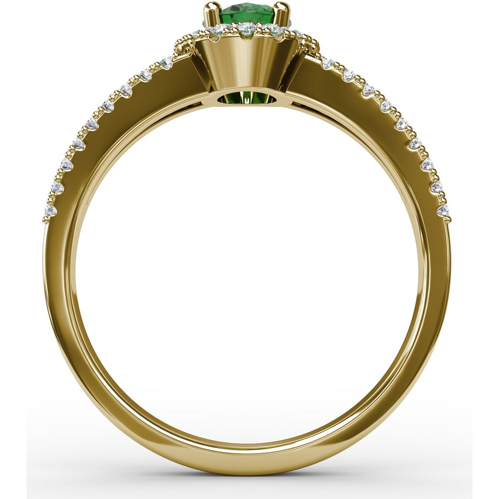 Split Shank Oval Emerald Ring with Diamond Halo by Fana - 0.78 Carat Total Emerald Weight