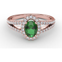 Split Shank Oval Emerald Ring with Diamond Halo by Fana - 0.78 Carat Total Emerald Weight
