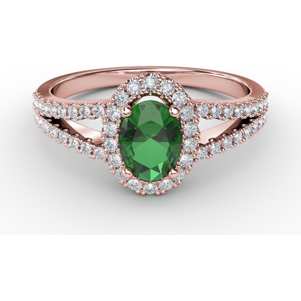 Split Shank Oval Emerald Ring with Diamond Halo by Fana - 0.78 Carat Total Emerald Weight