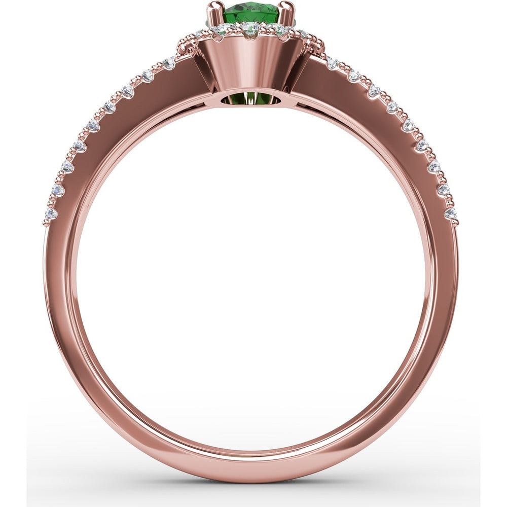 Split Shank Oval Emerald Ring with Diamond Halo by Fana - 0.78 Carat Total Emerald Weight