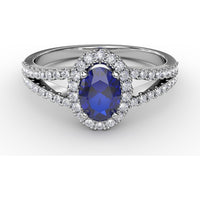 Split Shank Ring with Oval Blue Sapphire and Pavé Diamond Halo by Fana - 0.96 Carat Total Gemstone Weight