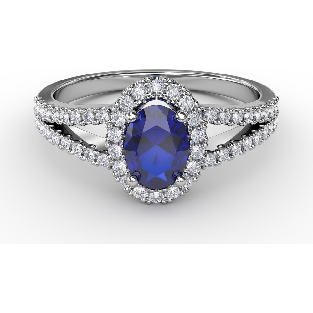 Split Shank Ring with Oval Blue Sapphire and Pavé Diamond Halo by Fana - 0.96 Carat Total Gemstone Weight