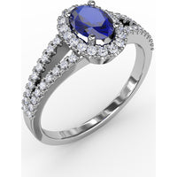 Split Shank Ring with Oval Blue Sapphire and Pavé Diamond Halo by Fana - 0.96 Carat Total Gemstone Weight