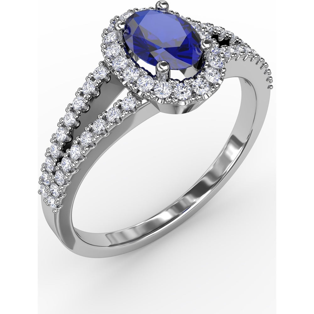 Split Shank Ring with Oval Blue Sapphire and Pavé Diamond Halo by Fana - 0.96 Carat Total Gemstone Weight