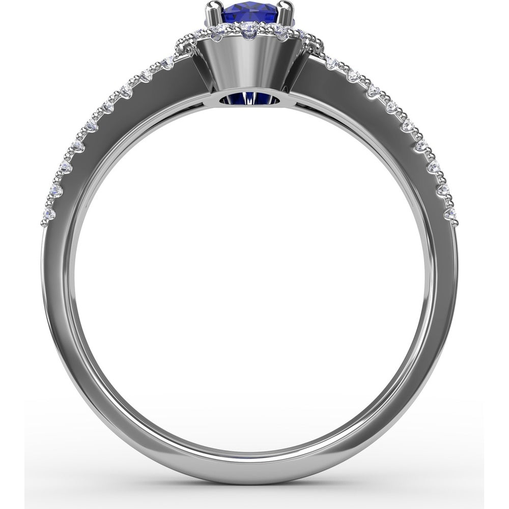 Split Shank Ring with Oval Blue Sapphire and Pavé Diamond Halo by Fana - 0.96 Carat Total Gemstone Weight