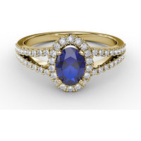 Split Shank Ring with Oval Blue Sapphire and Pavé Diamond Halo by Fana - 0.96 Carat Total Gemstone Weight