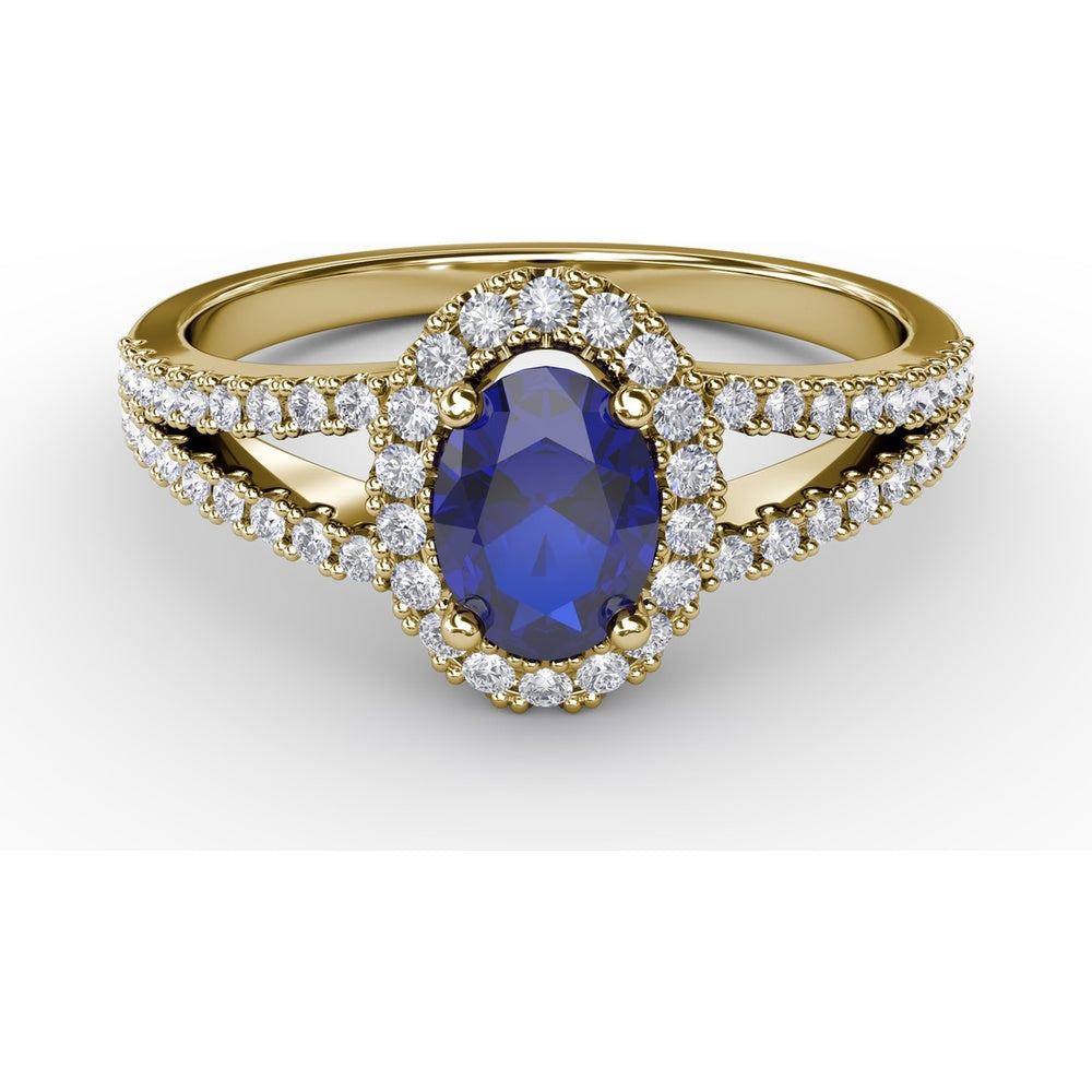 Split Shank Ring with Oval Blue Sapphire and Pavé Diamond Halo by Fana - 0.96 Carat Total Gemstone Weight