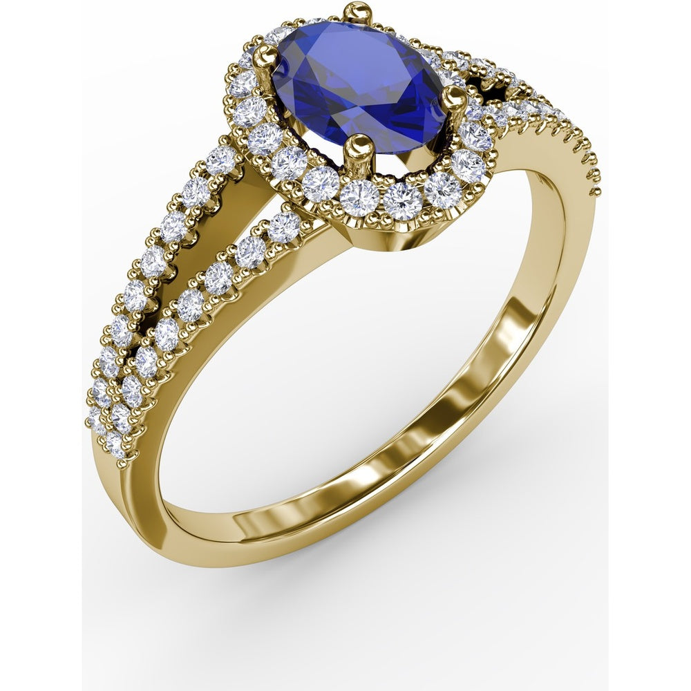 Split Shank Ring with Oval Blue Sapphire and Pavé Diamond Halo by Fana - 0.96 Carat Total Gemstone Weight