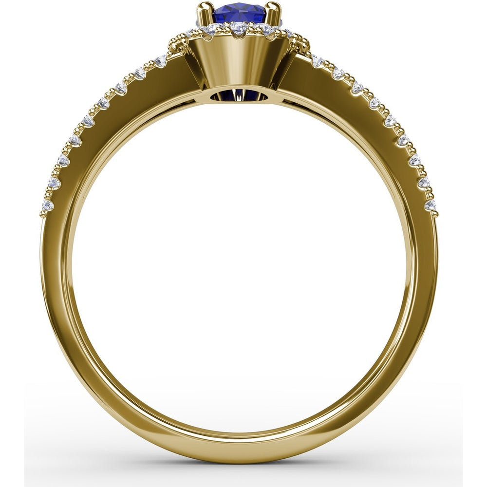 Split Shank Ring with Oval Blue Sapphire and Pavé Diamond Halo by Fana - 0.96 Carat Total Gemstone Weight