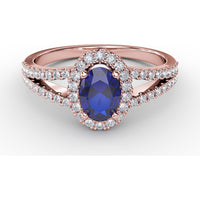 Split Shank Ring with Oval Blue Sapphire and Pavé Diamond Halo by Fana - 0.96 Carat Total Gemstone Weight