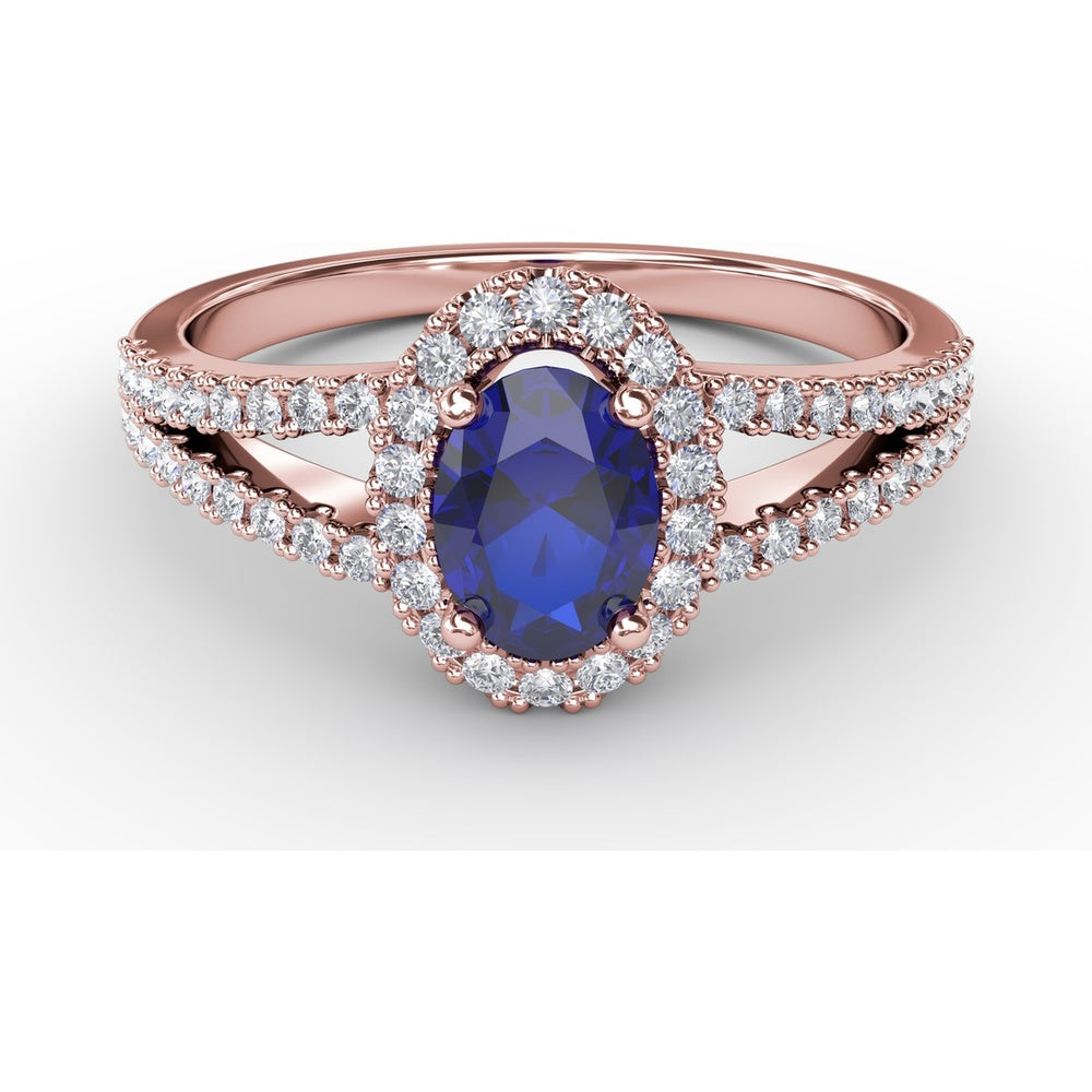Split Shank Ring with Oval Blue Sapphire and Pavé Diamond Halo by Fana - 0.96 Carat Total Gemstone Weight