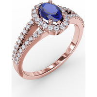 Split Shank Ring with Oval Blue Sapphire and Pavé Diamond Halo by Fana - 0.96 Carat Total Gemstone Weight