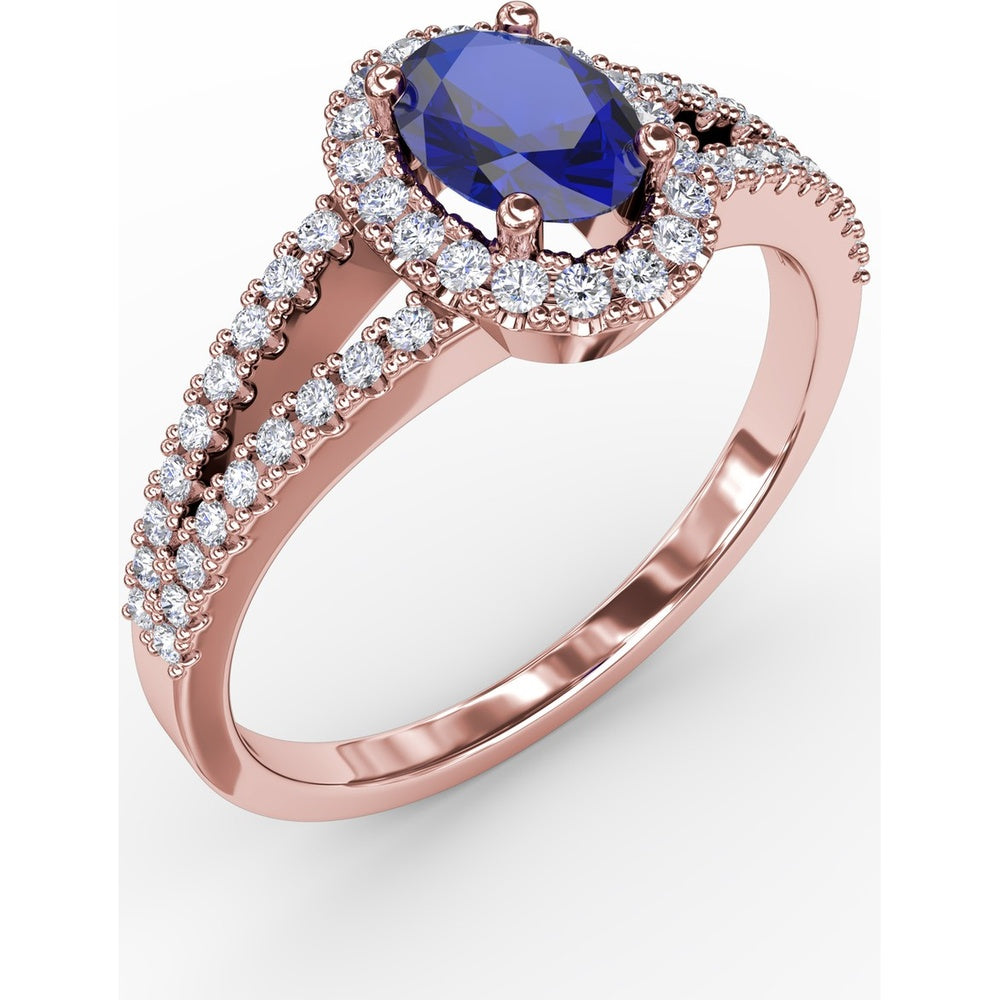 Split Shank Ring with Oval Blue Sapphire and Pavé Diamond Halo by Fana - 0.96 Carat Total Gemstone Weight