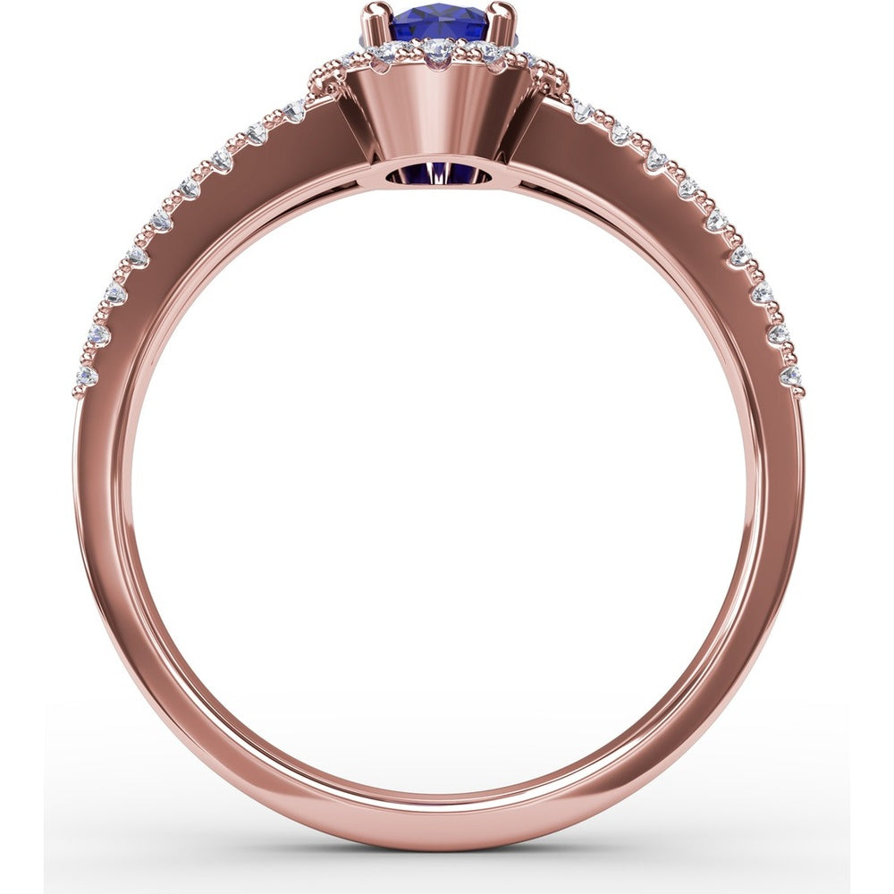 Split Shank Ring with Oval Blue Sapphire and Pavé Diamond Halo by Fana - 0.96 Carat Total Gemstone Weight